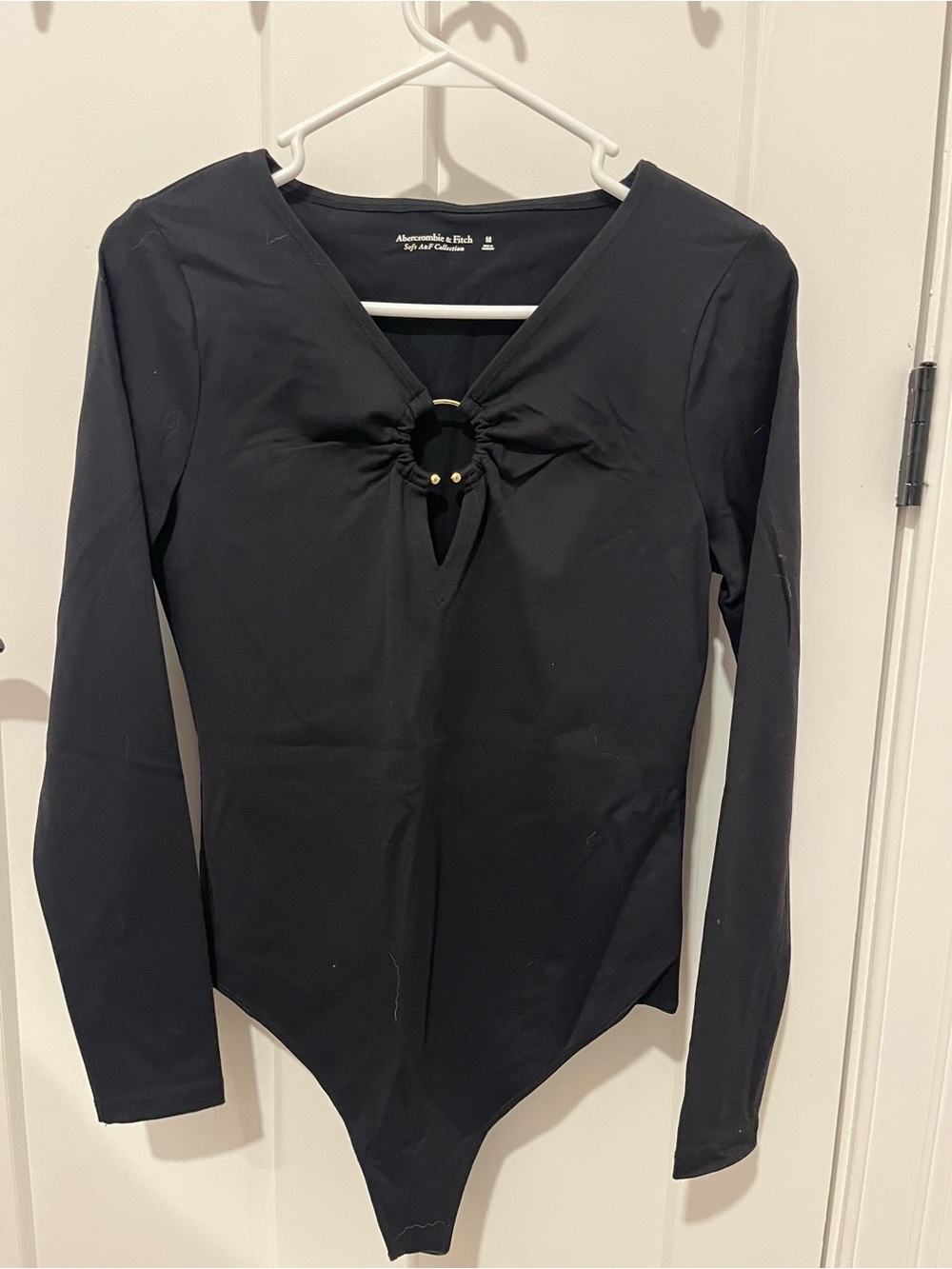 Abercrombie & Fitch Black Long-Sleeve V-Neck Ring-Accent Bodysuit